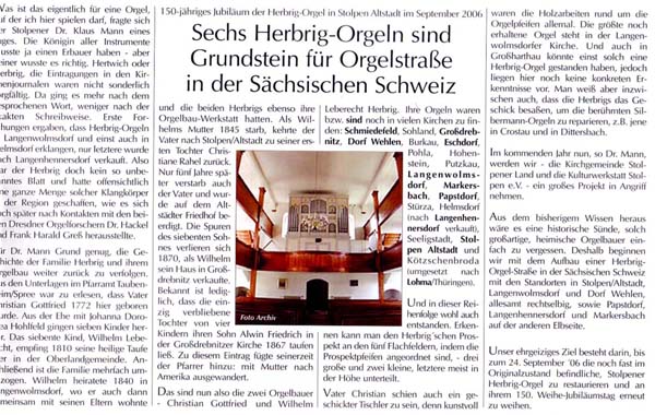 Sechs Herbrig-Orgeln sind Grundstein für Orgelstraße in der Sächsischen Schweiz