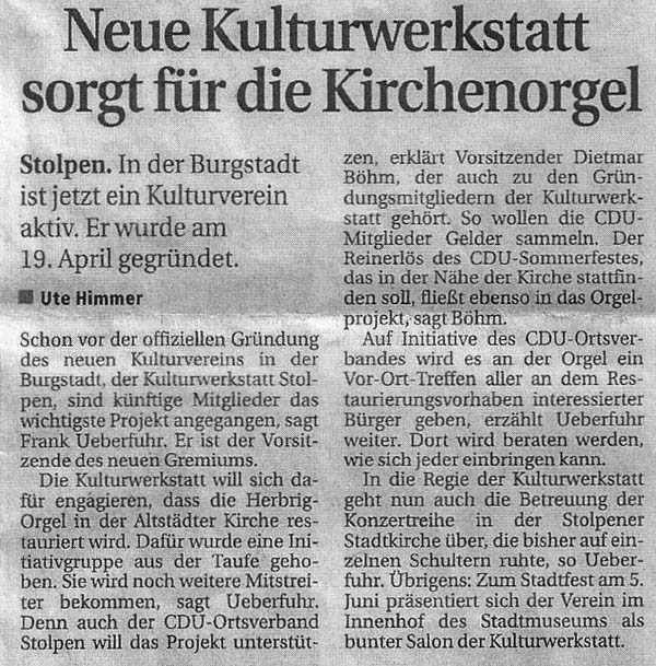 Neue Kulturwerkstatt sorgt fr die Kirchenorgel